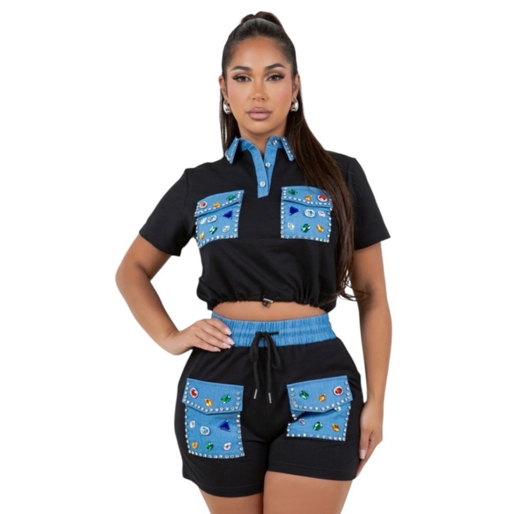 2-Piece Black & Denim Short Set with Cemstone Pockets